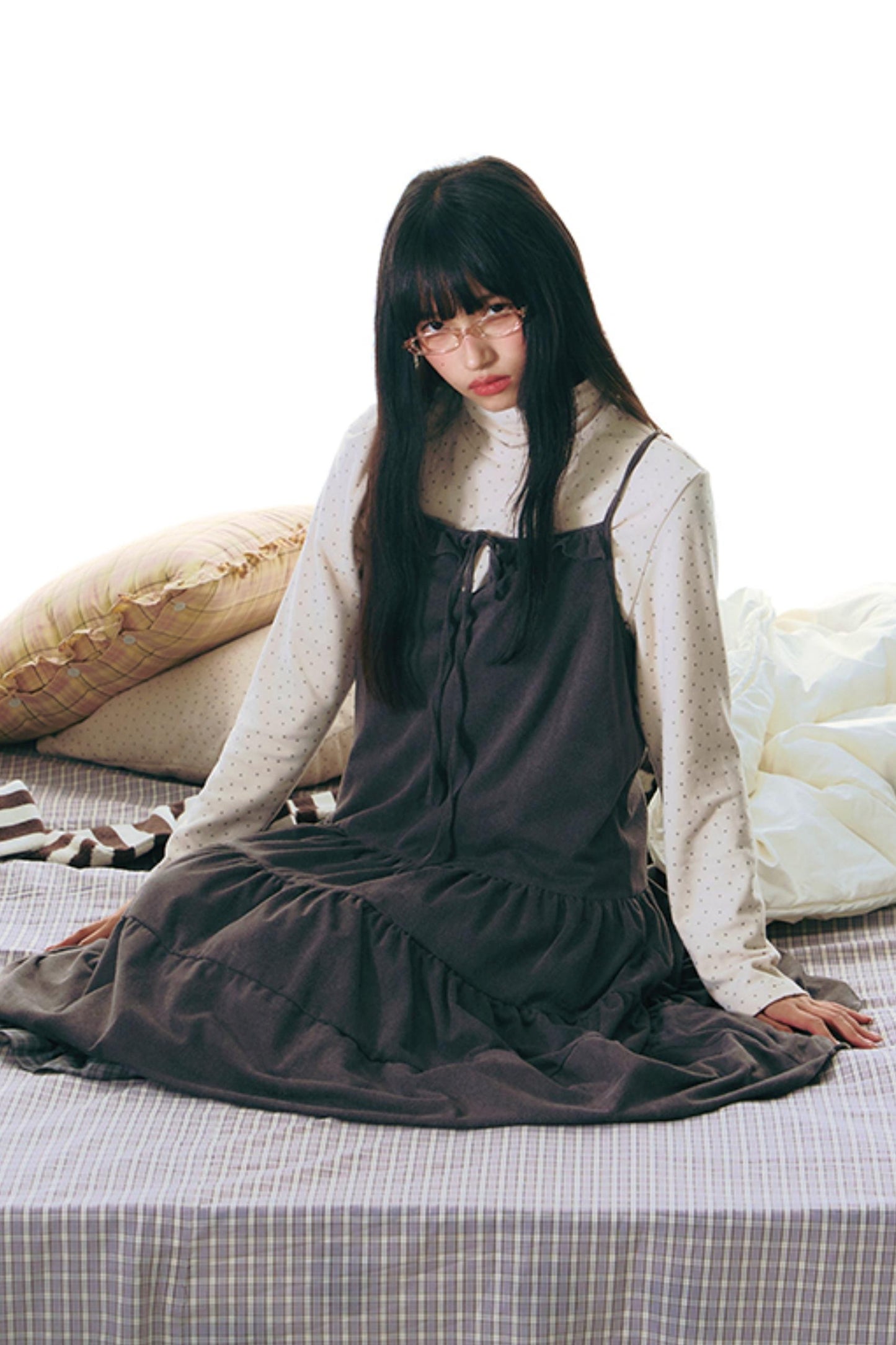 Patchwork Plaid Shirred Japanese Lace-Up Long Dress