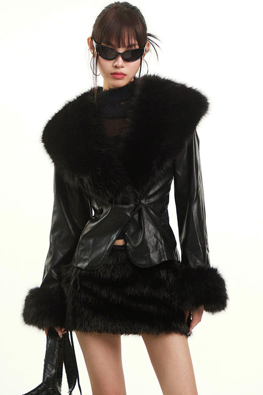 Sexy Black Fur Collar Jacket Set-Up