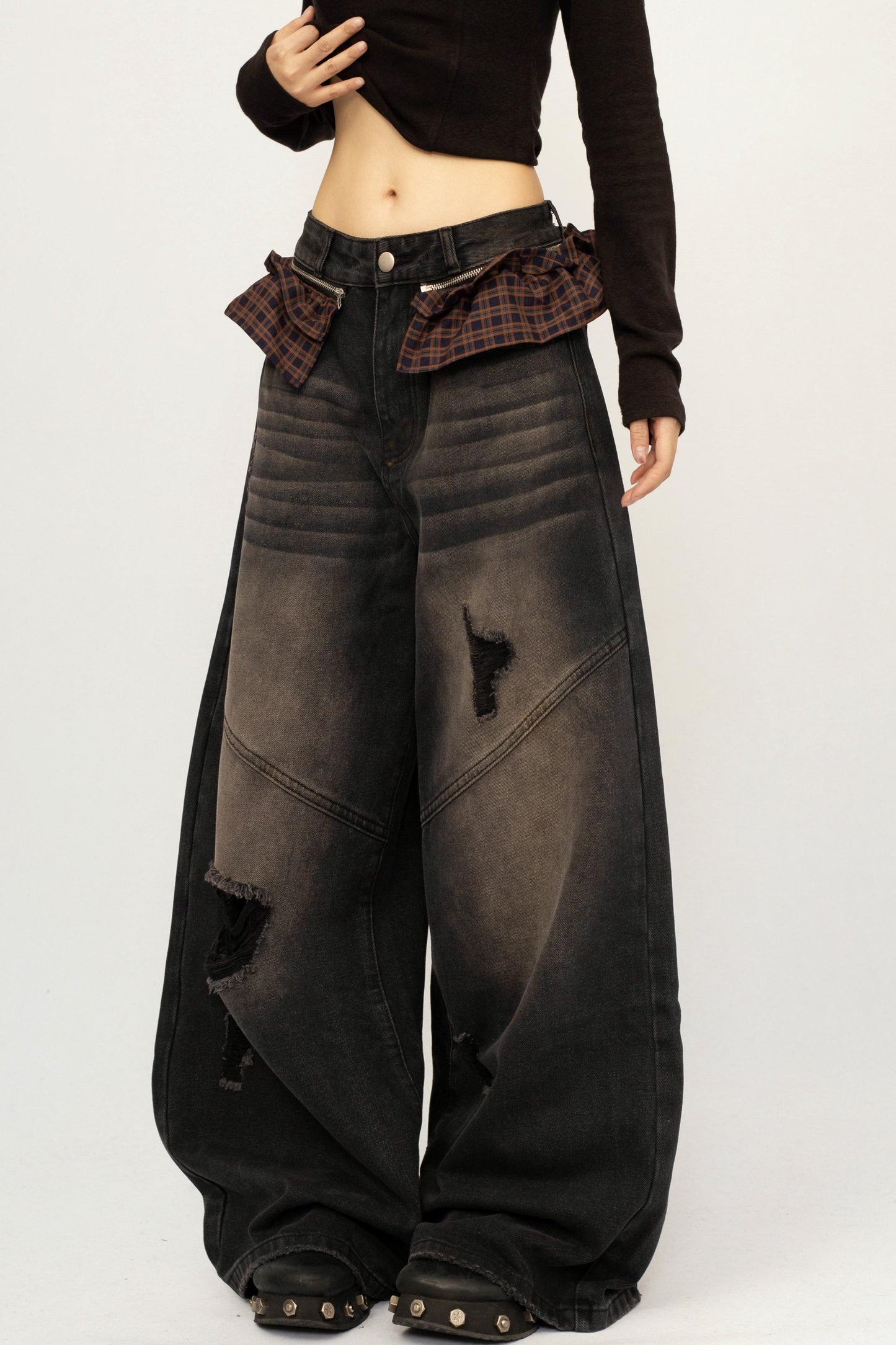 Retro Black Ripped Denim Pants