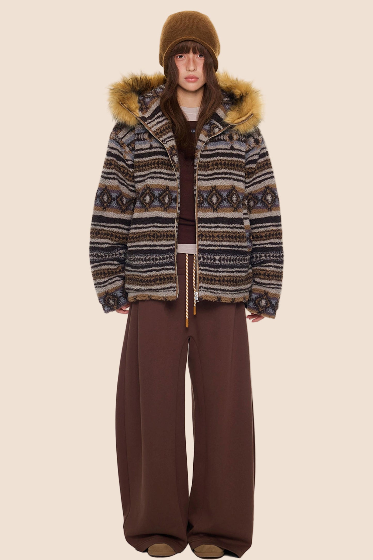 Ethnic Fur Collar Hooded Jacket