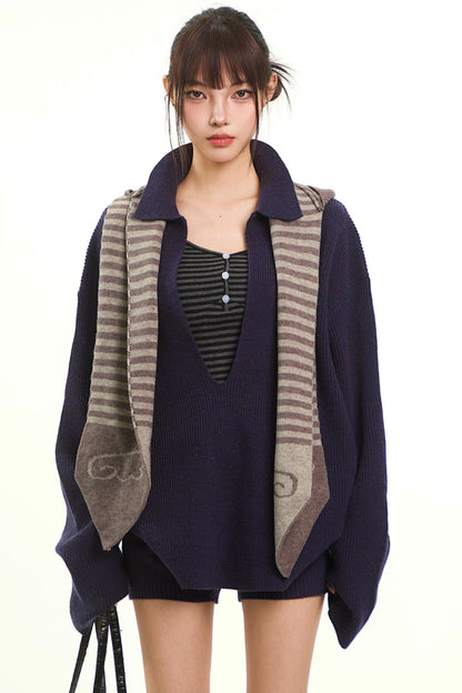 Navy Knitwear Two-Piece Pants Set-Up