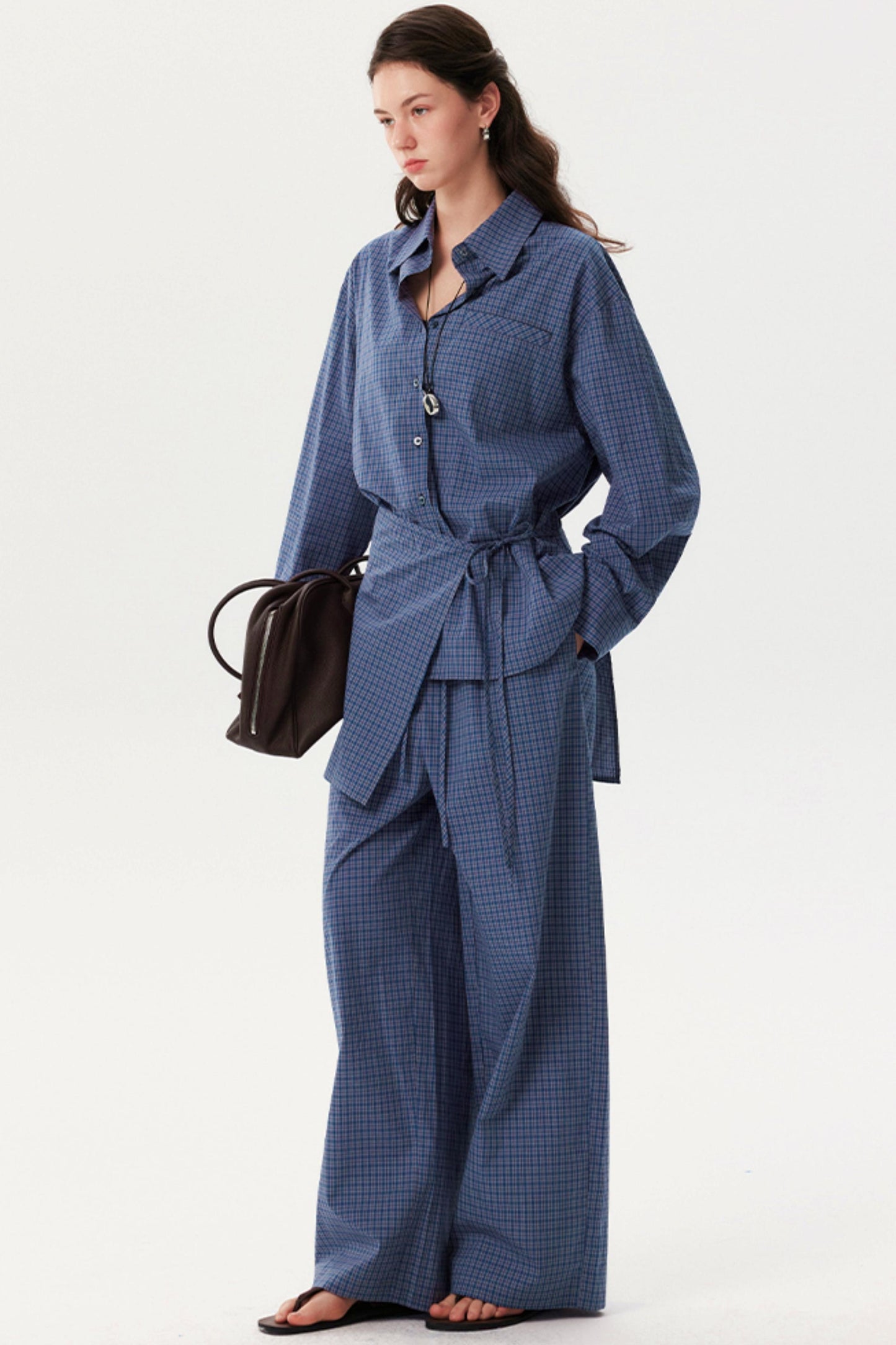 Blue Plaid Long Shirt Trousers Set