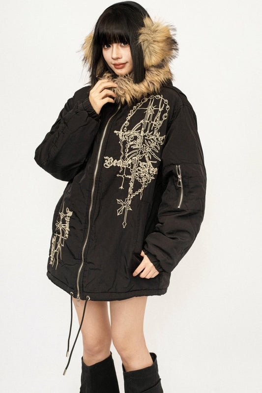Embroidered Fur Collar Jacket
