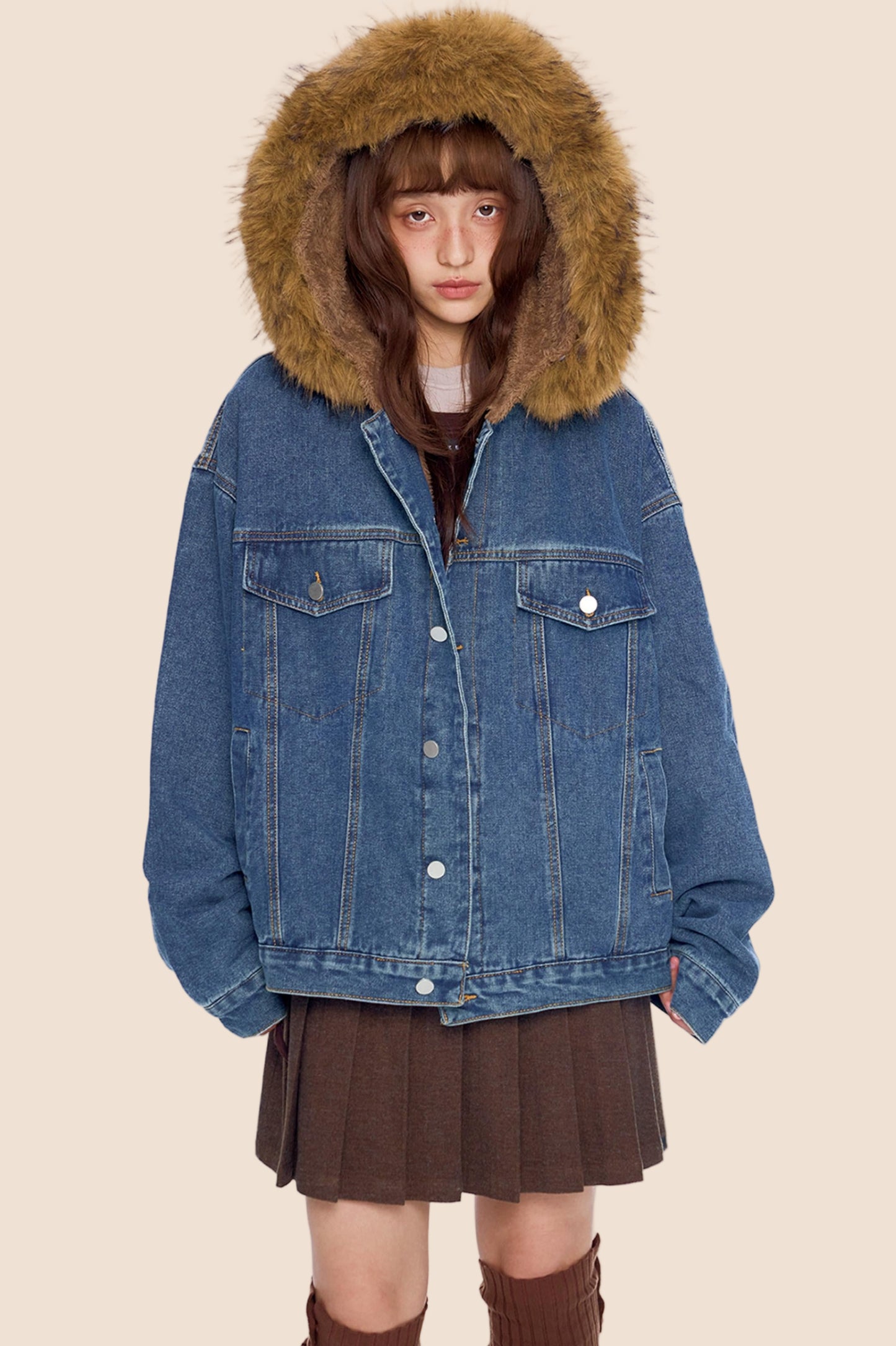 Fur Collar Hooded Denim Jacket