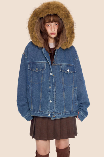 Fur Collar Hooded Denim Jacket