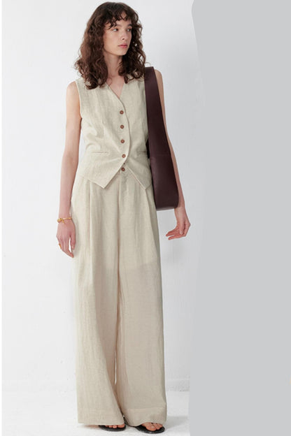 Pleated V-Neck Vest & Wide-Leg Trousers Set-Up