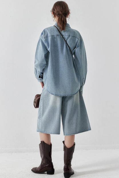 Washed Denim Wide-Leg Crop Pants