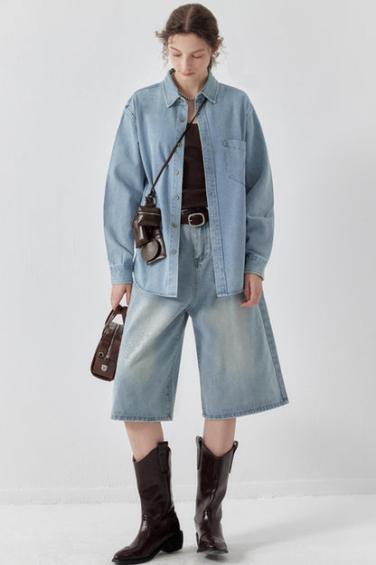 Washed Denim Wide-Leg Crop Pants