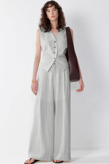 Pleated V-Neck Vest & Wide-Leg Trousers Set-Up