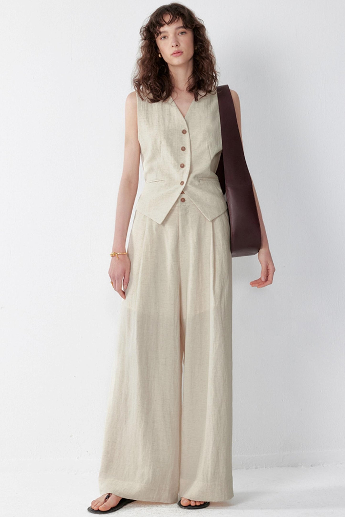 Pleated V-Neck Vest & Wide-Leg Trousers Set-Up