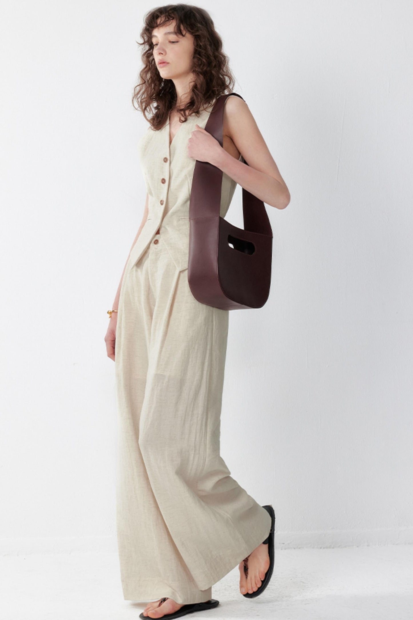 Pleated V-Neck Vest & Wide-Leg Trousers Set-Up