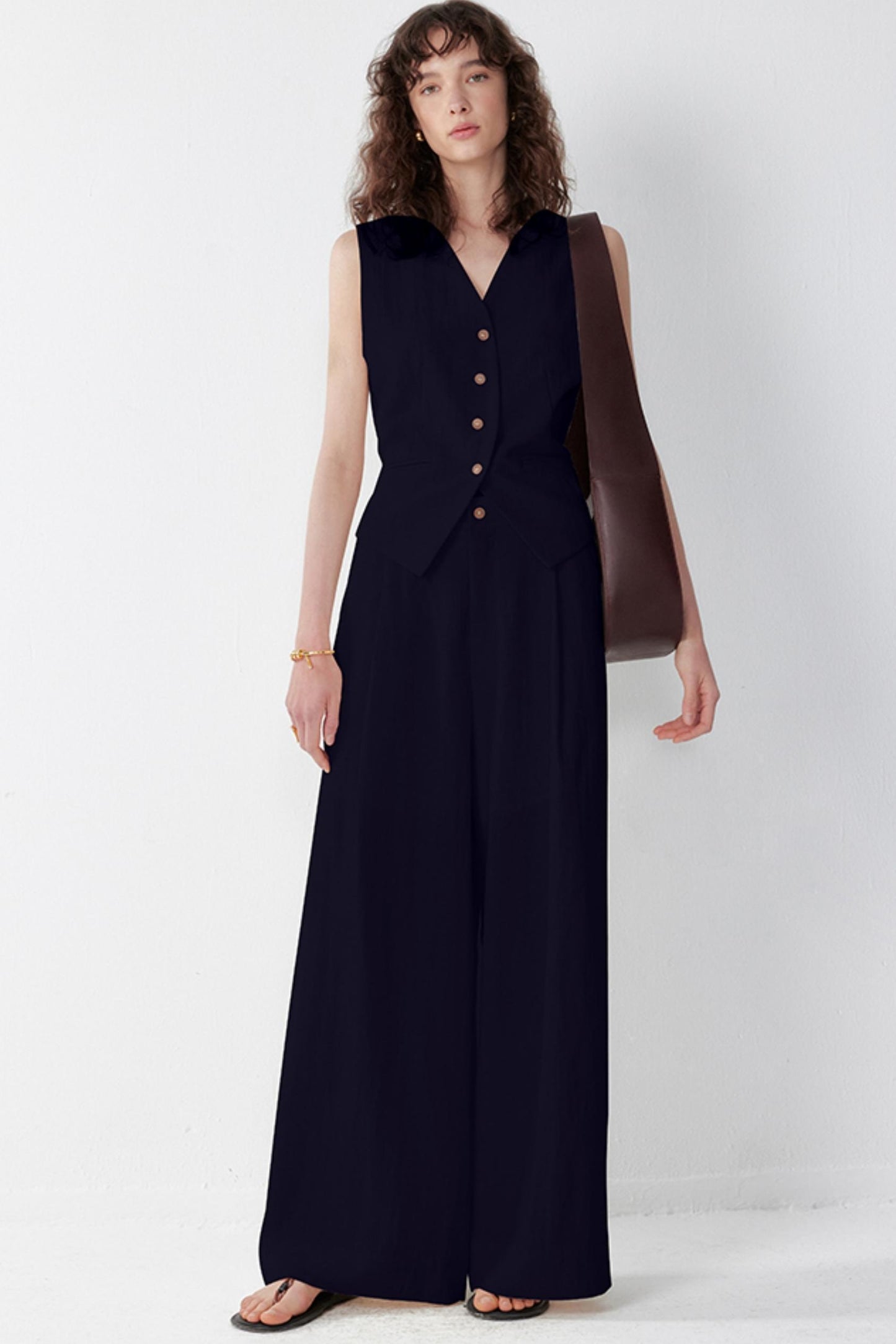 Pleated V-Neck Vest & Wide-Leg Trousers Set-Up