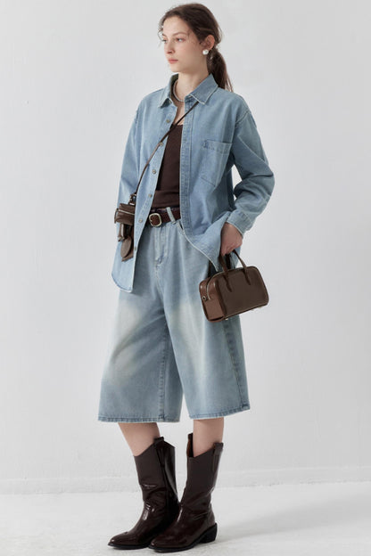 Washed Denim Wide-Leg Crop Pants