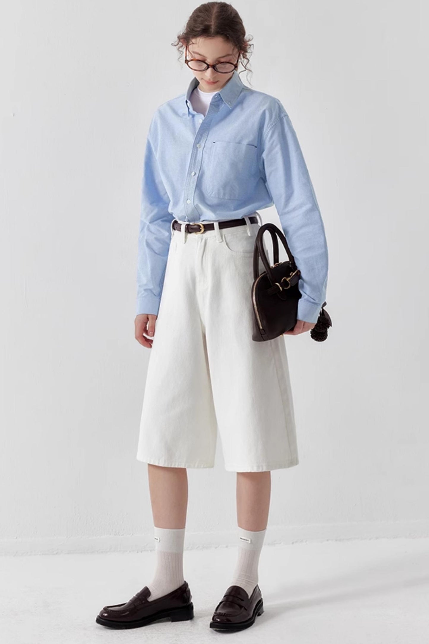 Washed Denim Wide-Leg Crop Pants