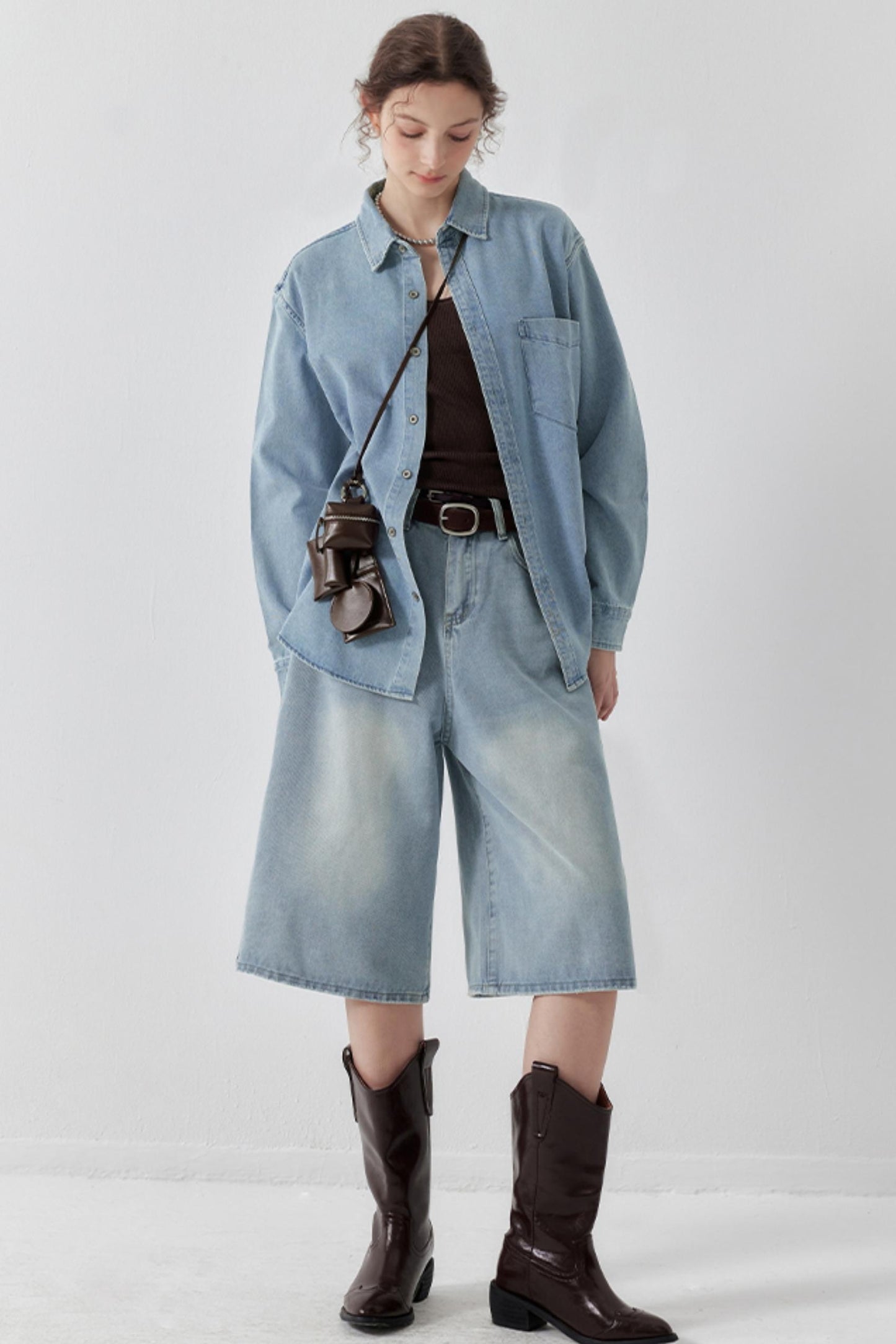 Washed Denim Wide-Leg Crop Pants