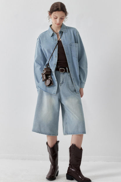 Washed Denim Wide-Leg Crop Pants