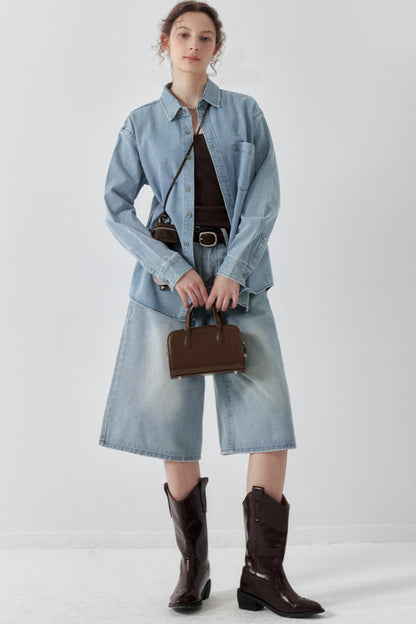 Washed Denim Wide-Leg Crop Pants