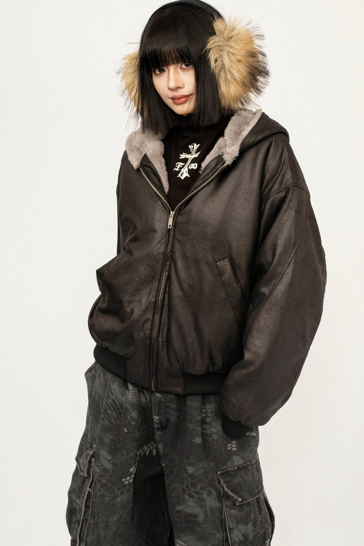 Retro Black Fur Hooded Jacket