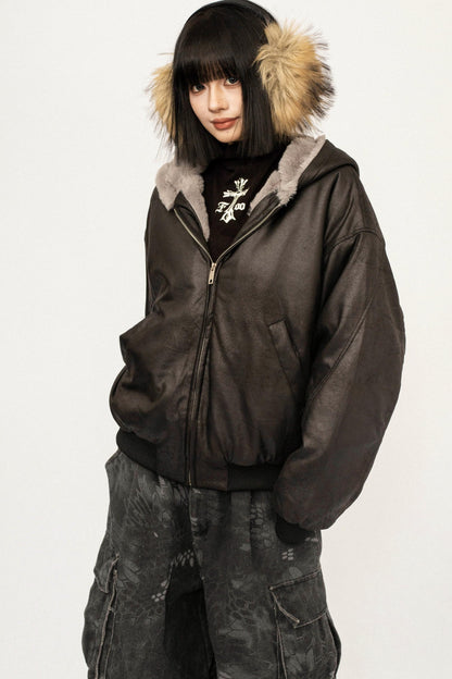 Retro Black Fur Hooded Jacket