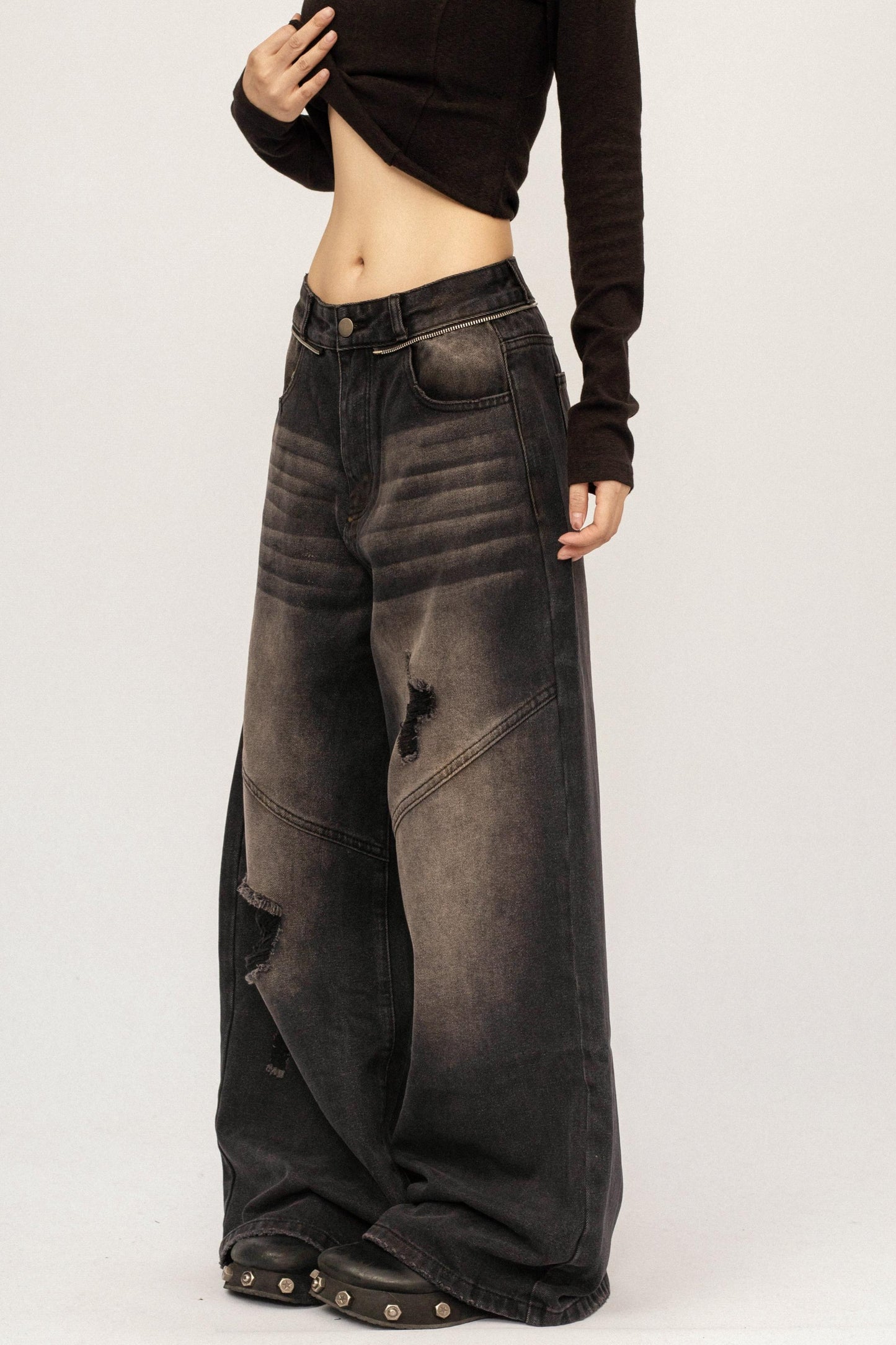 Retro Black Ripped Denim Pants