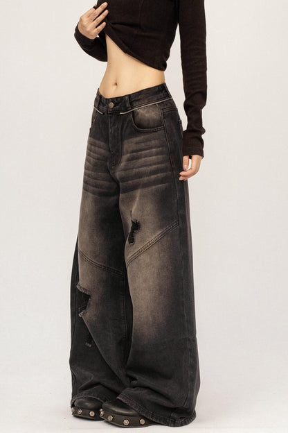 Retro Black Ripped Denim Pants