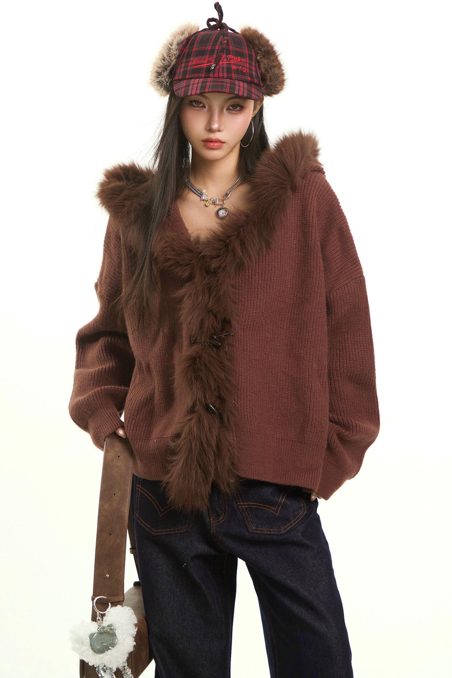 Retro Gray Fur Collar Cardigan Jacket