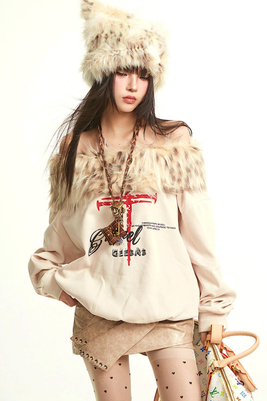 Retro Apricot Fur Collar Sweatshirt