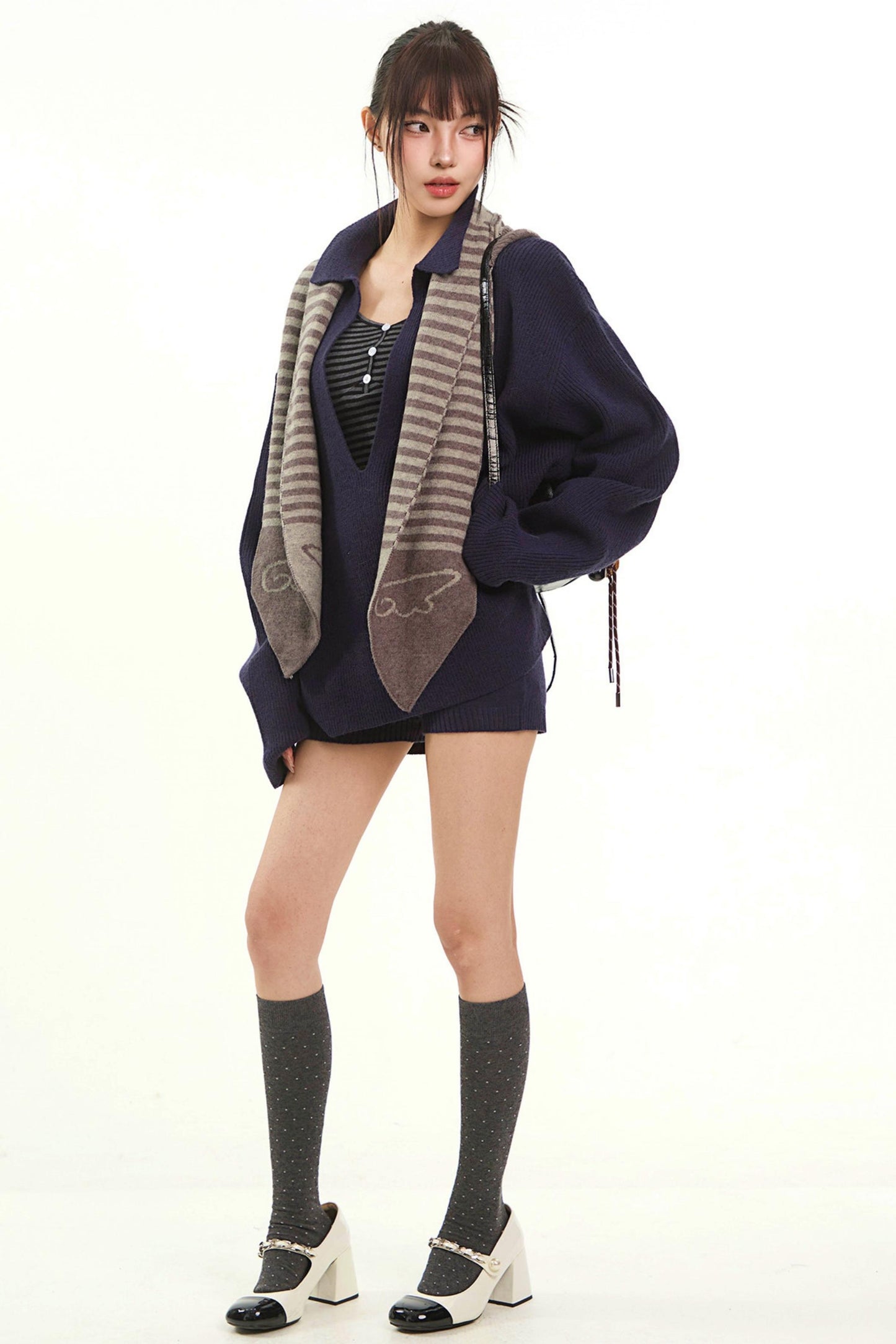 Navy Knitwear Two-Piece Pants Set-Up