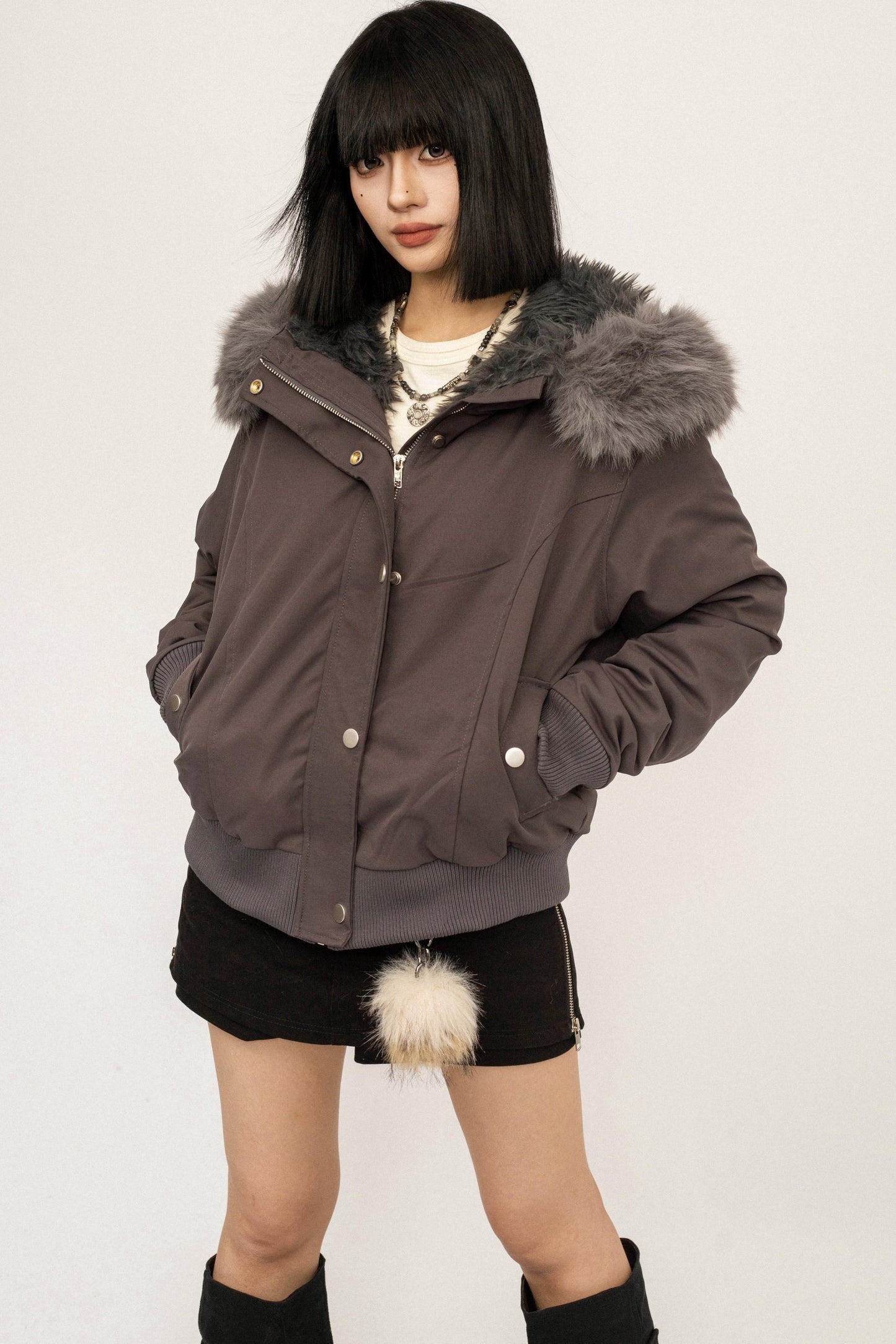Gray Detachable Fur Collar Parka Coat