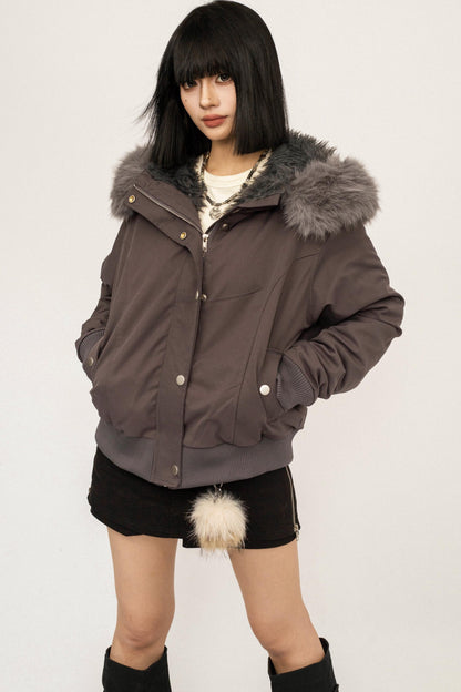 Gray Detachable Fur Collar Parka Coat