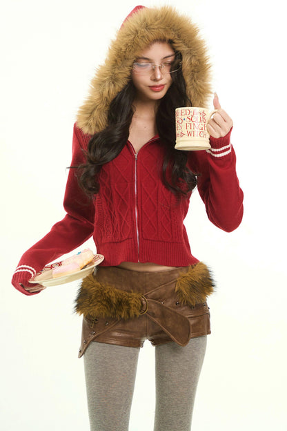 Retro Red Fur Hooded Cardigan