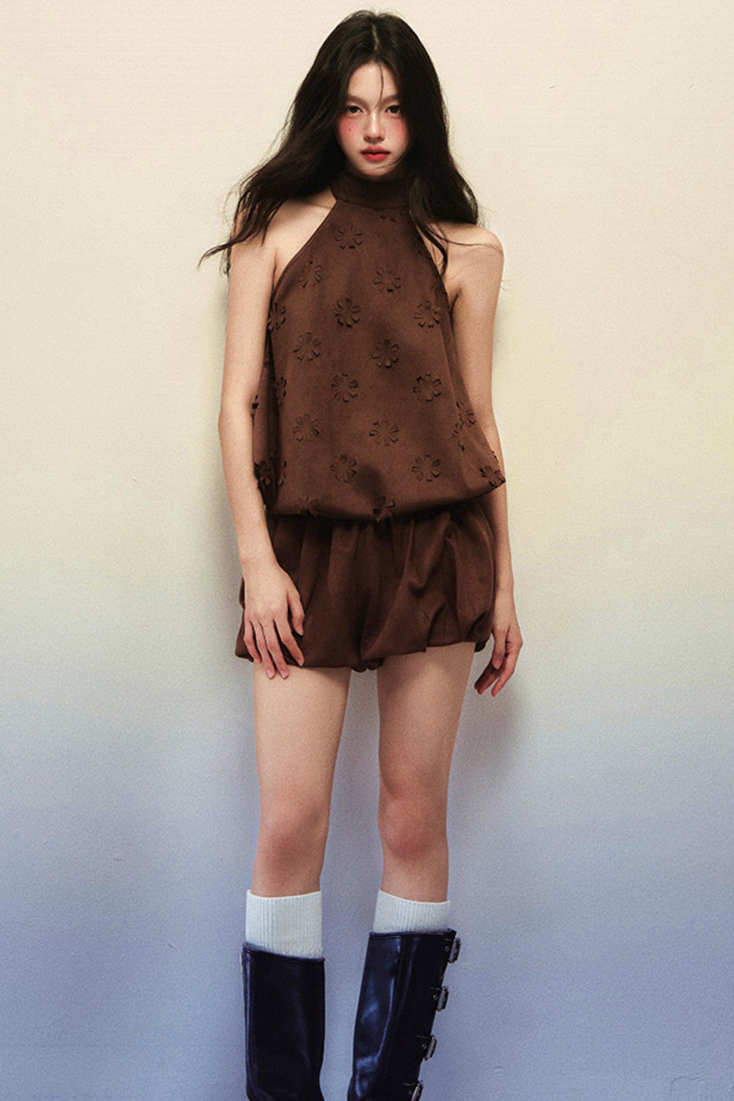 Reddish-brown Suede Flower Top Pumpkin Pants Set-Up