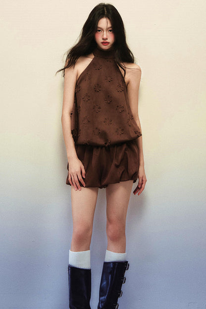 Reddish-brown Suede Flower Top Pumpkin Pants Set-Up