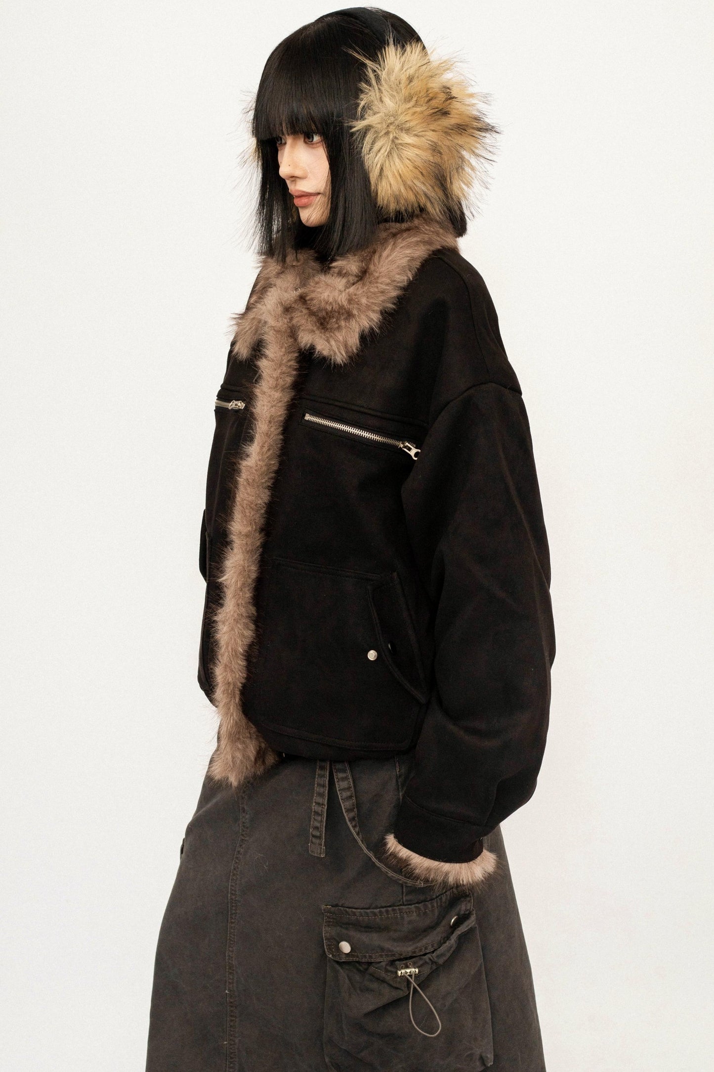 Retro Design Fur Collar Black Cotton Jacket