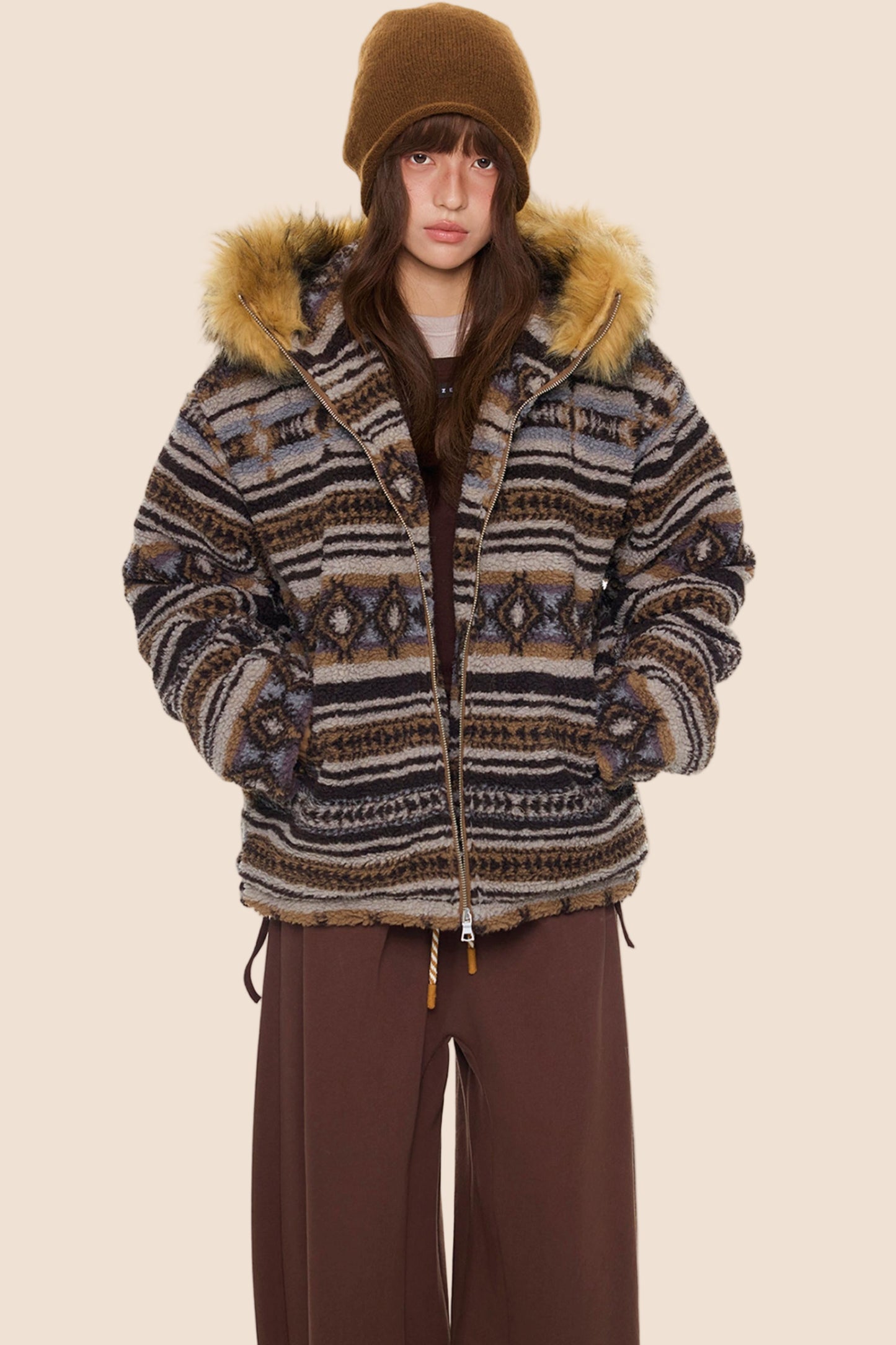 Ethnic Fur Collar Hooded Jacket