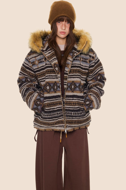 Ethnic Fur Collar Hooded Jacket