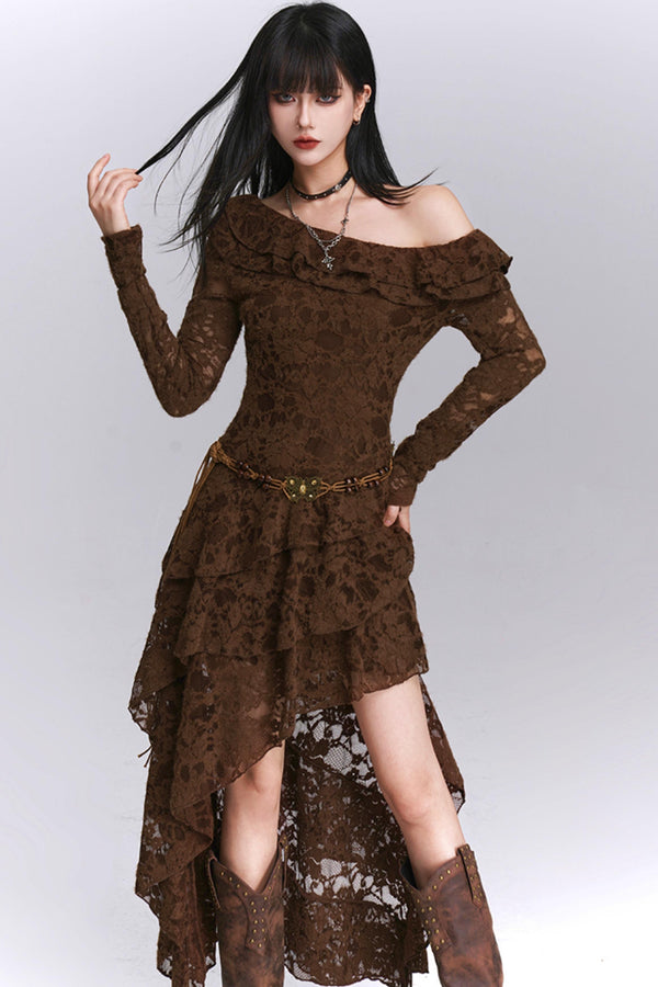Irregular Brown Lace Off-Shoulder Dress