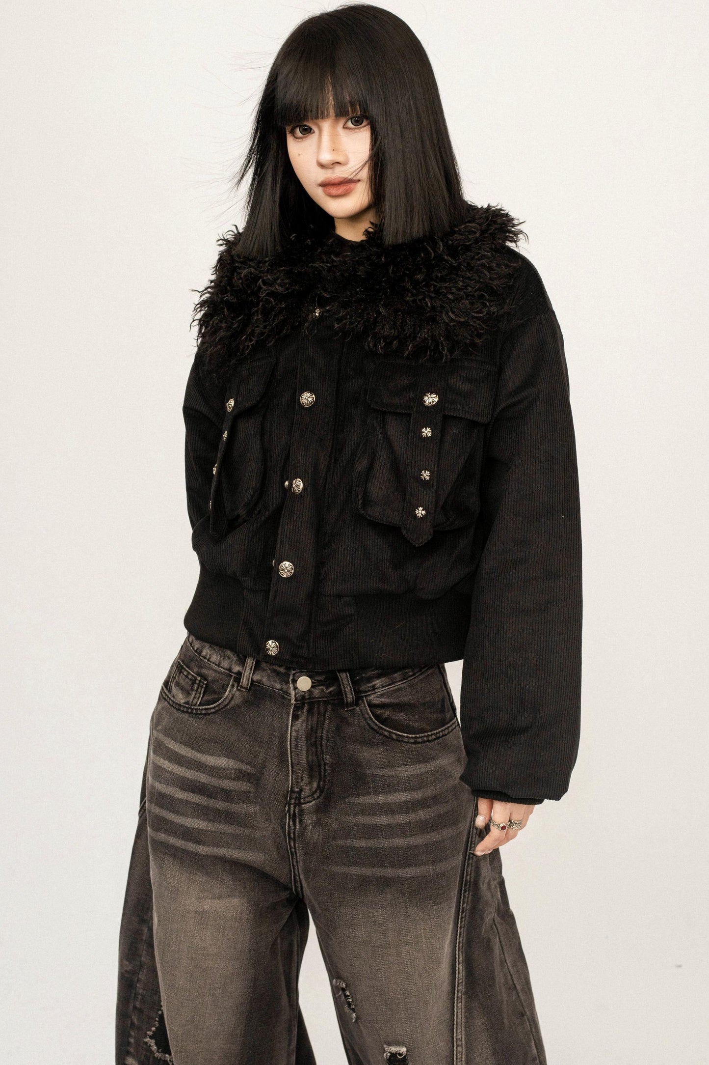 Black Fur Collar Hooded Jacket