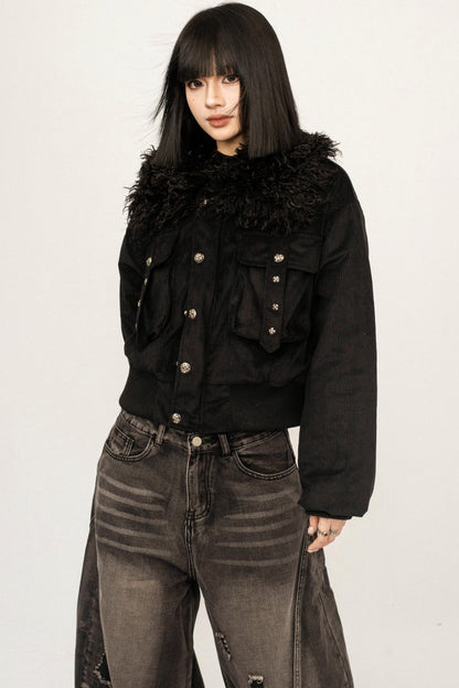 Black Fur Collar Hooded Jacket