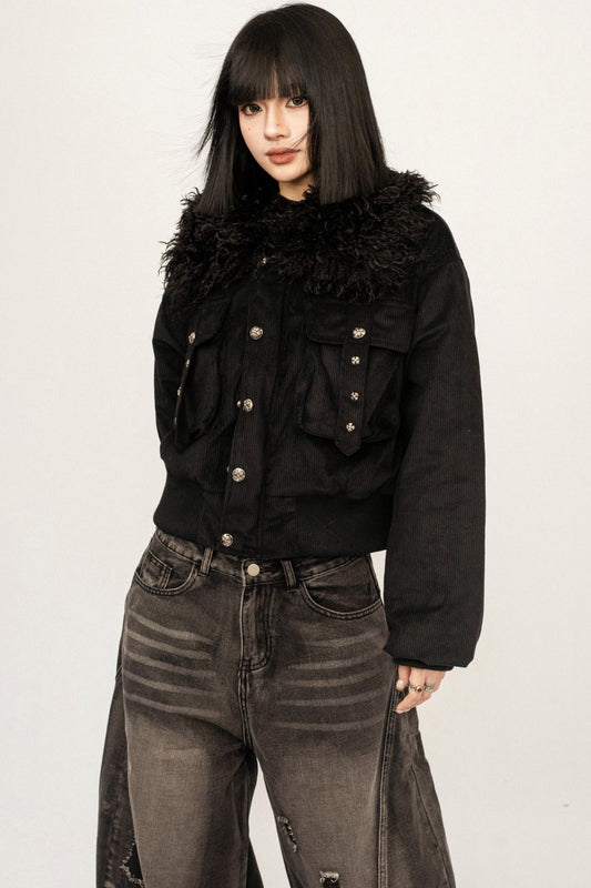Black Fur Collar Hooded Jacket