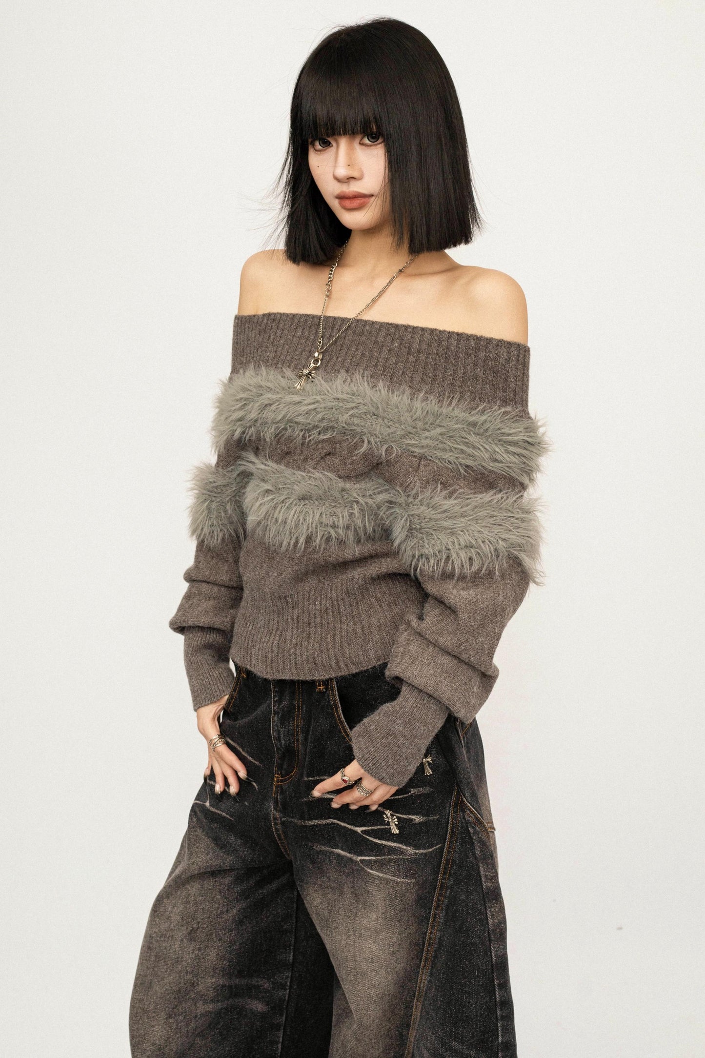 Off-Shoulder Fur Trim Sweater