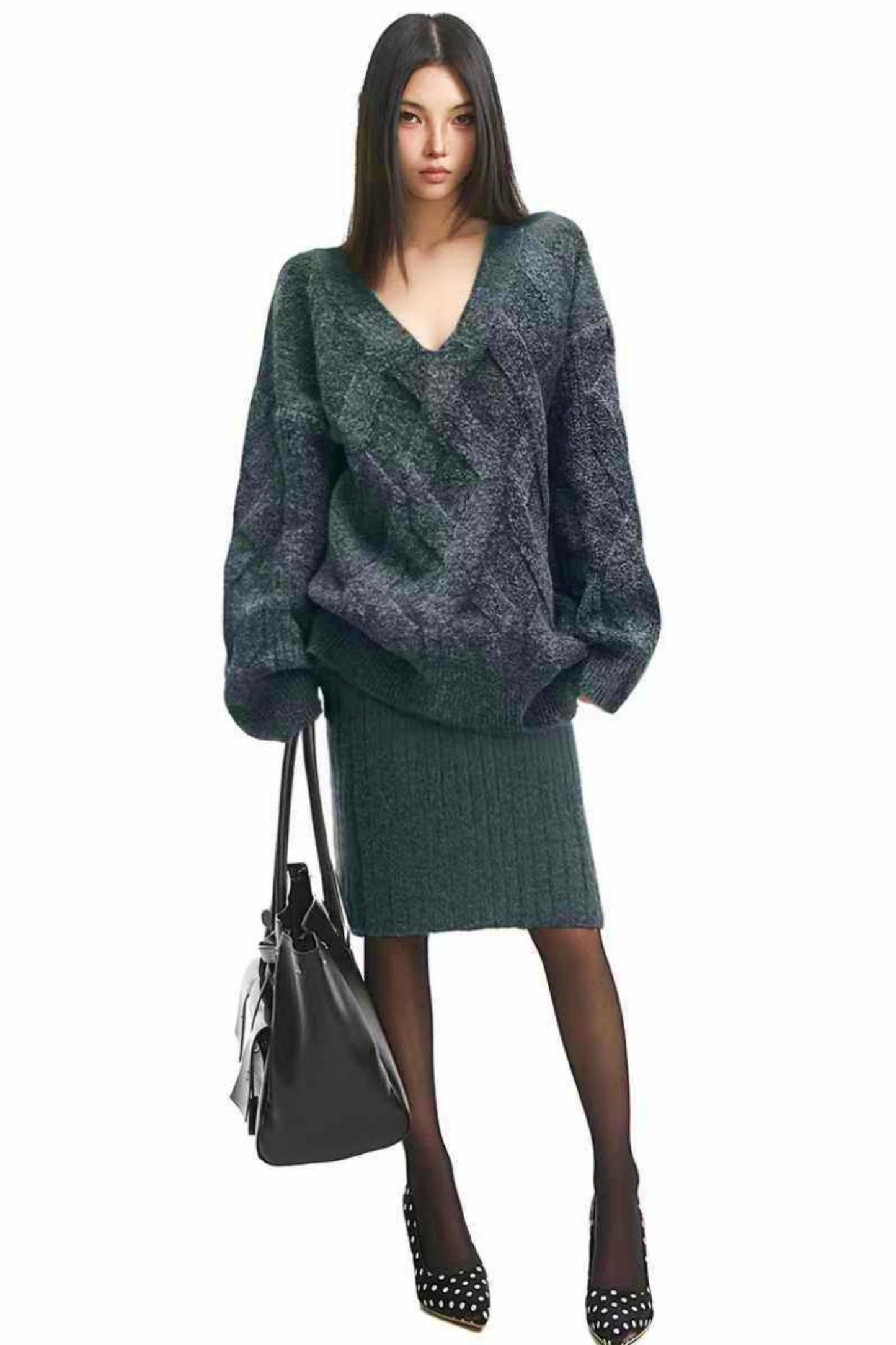 Gray Twist Knit Skirt Suit Set