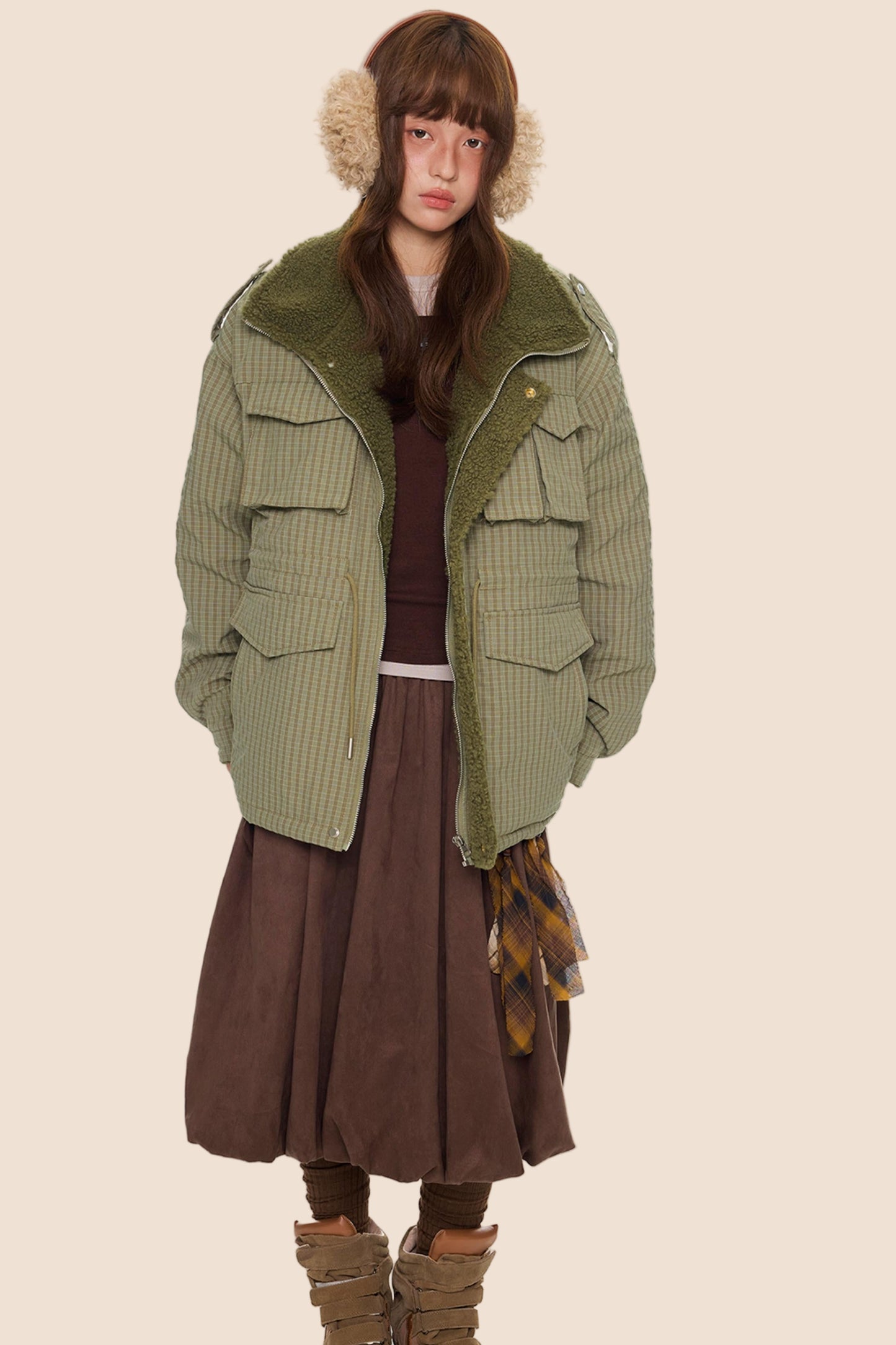 Furry Plaid Cotton Jacket