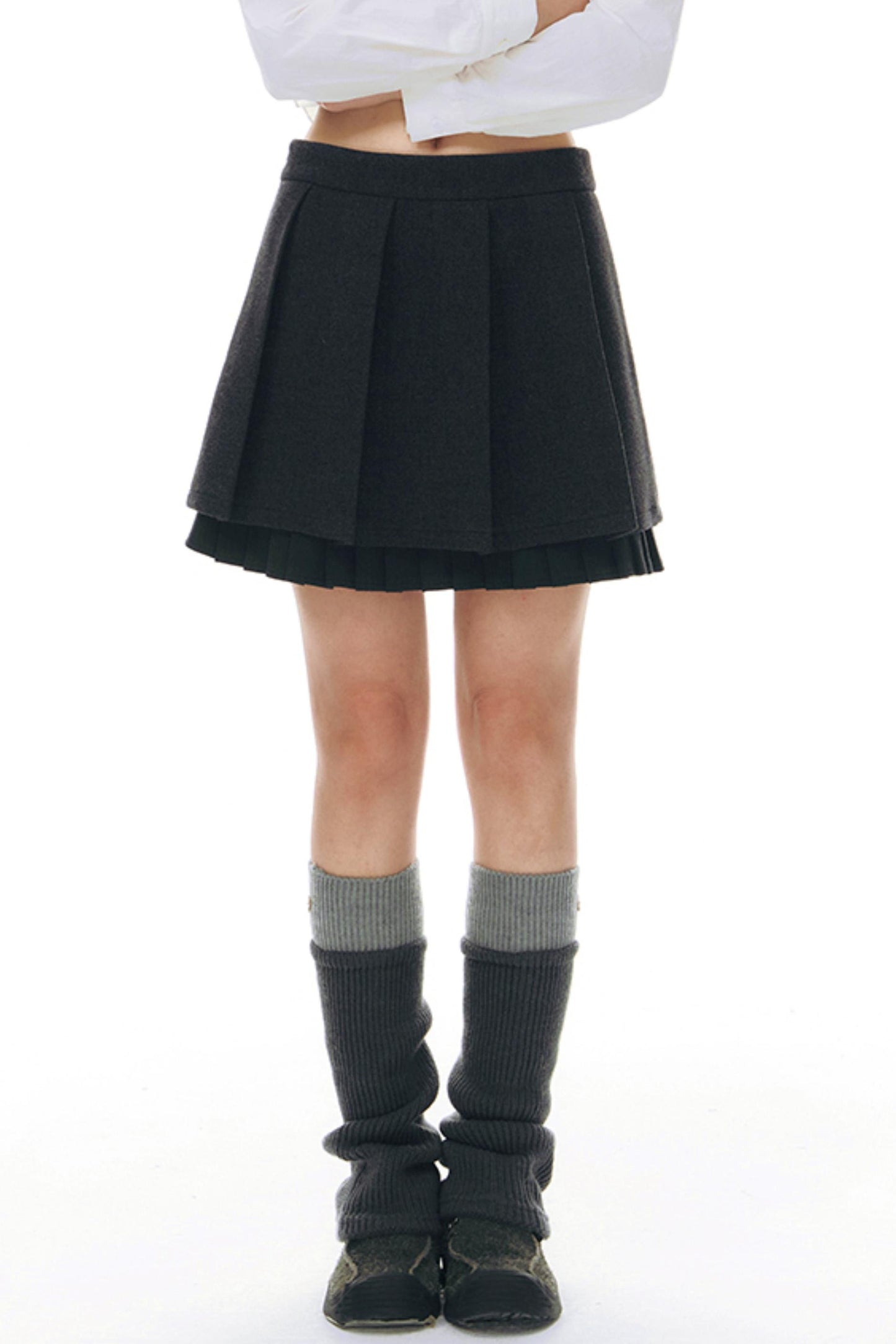 Ruffle Patchwork Woolen Pleated Skirt