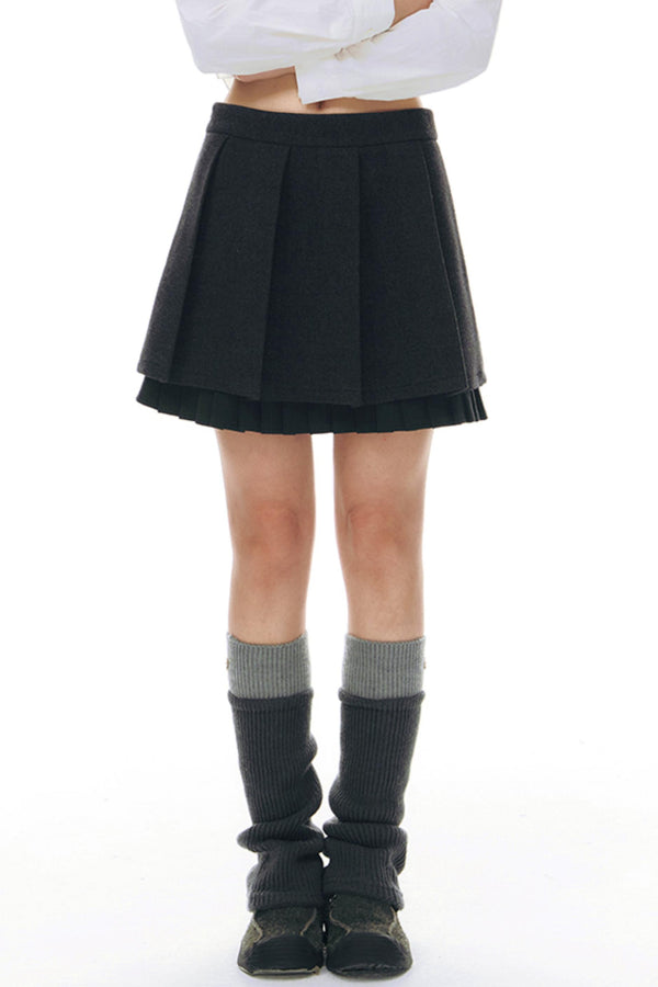 Ruffle Patchwork Woolen Pleated Skirt
