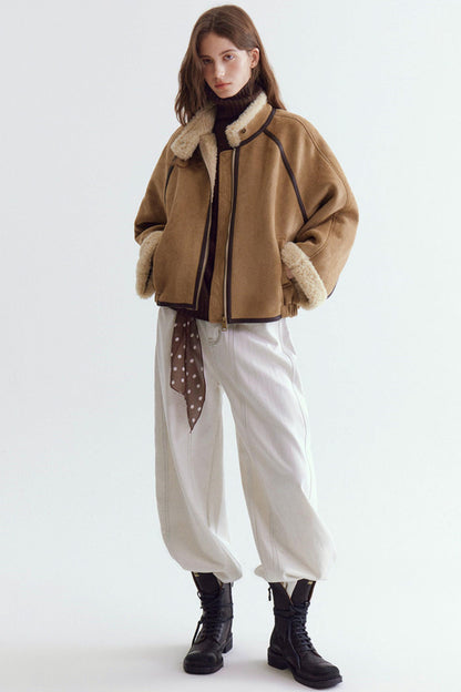 Color-Blocked Suede Shearling Coat