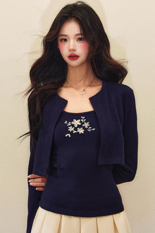 Embroidery Knit Cardigan Set-Up