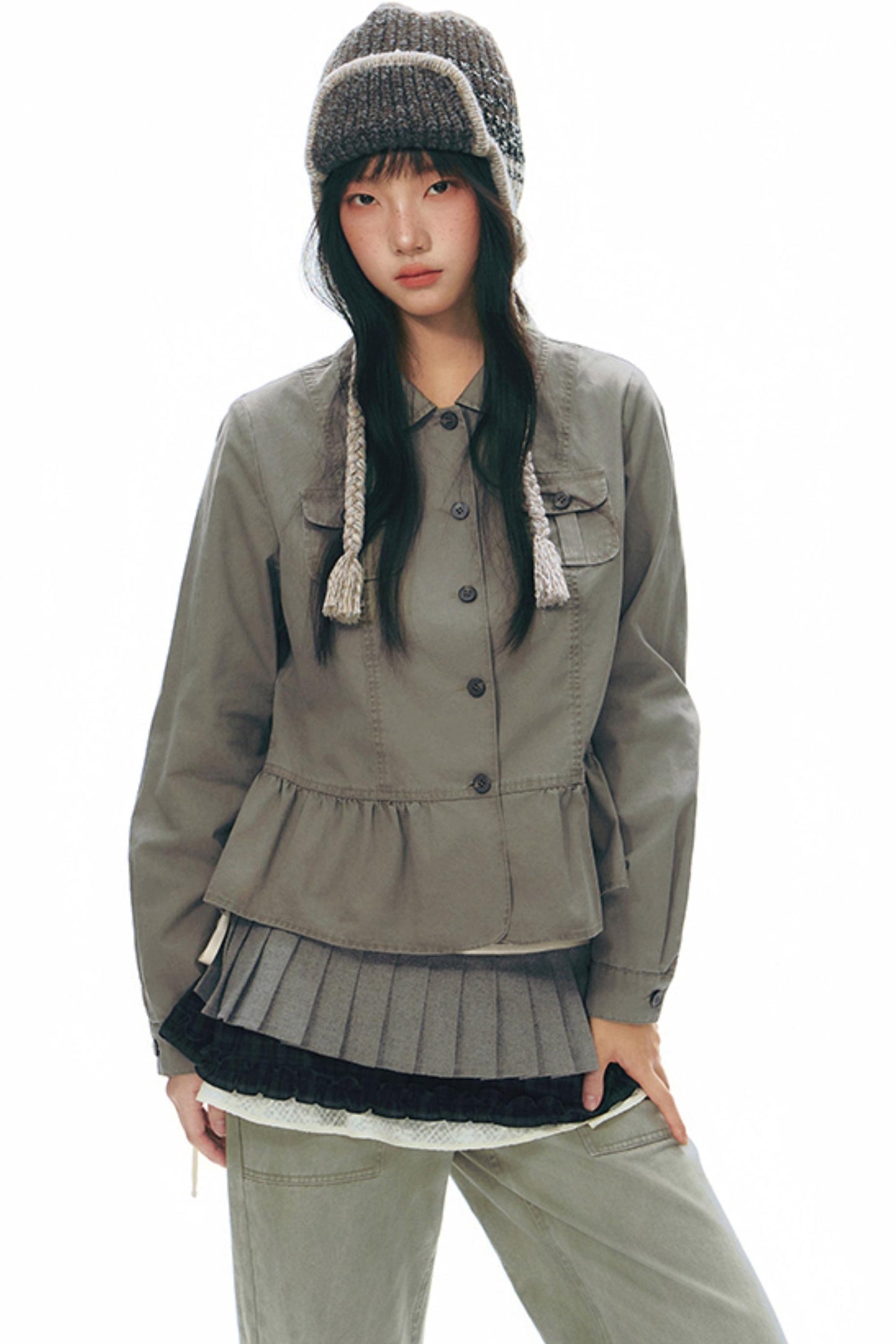 Distressed Doll Collar Cargo Coat
