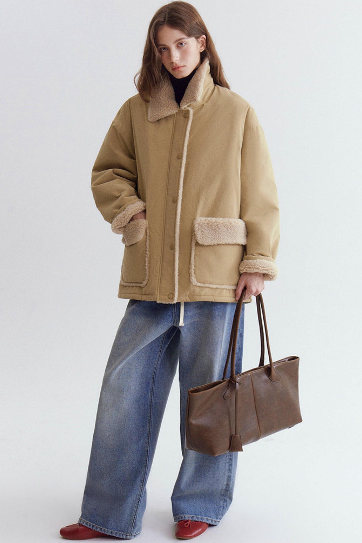 Color-Blocked Lamb Wool Coat