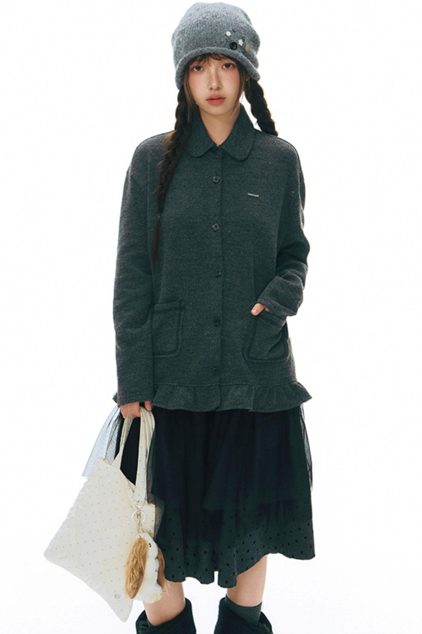 Ruffled Knitted Gray Texture Top